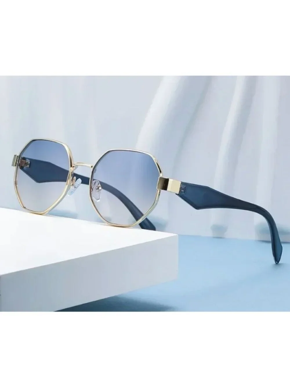 Unisex Vintage Style Octagon Gold Frame Sunglasses W/ Blue-Yellow Gradient Lens